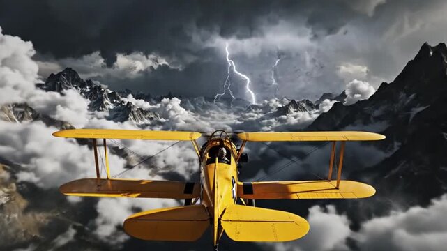 Cinematic view of a yellow biplane entering thick mountain clouds, lightning in the distance, dramatic atmosphere, high-contrast lighting, ultra-realistic motion blur