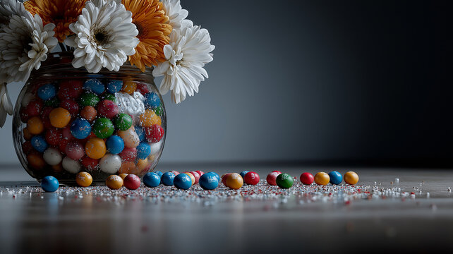 Glass jar filled with colorful candies and white flowers sits on wooden surface, with candies scattered around, creating playful and vibrant scene