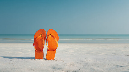 Bright orange flip flops resting on a sandy beach beside the ocean image