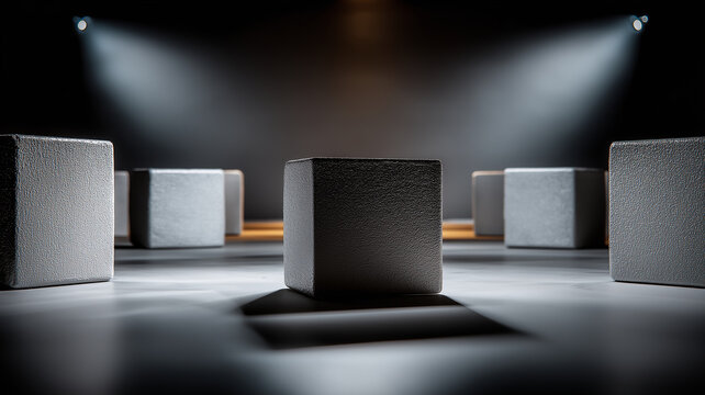 Dramatic scene with textured cubes arranged on stage, illuminated by focused spotlights, creating mysterious and artistic atmosphere