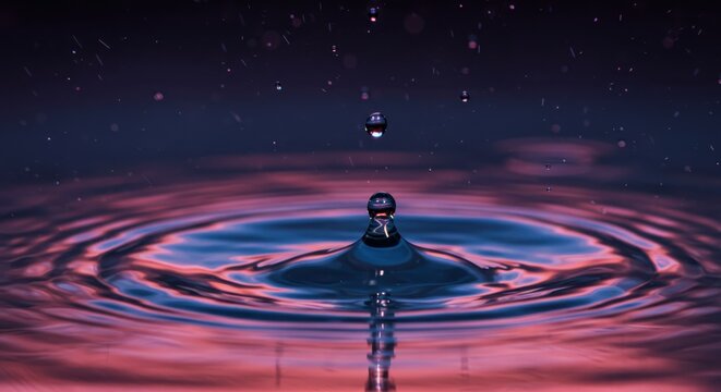 Capturing the precise moment of liquid impact creating concentric ripples on a richly colored surface
