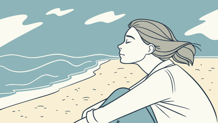 Woman sitting on beach illustration enjoying ocean breeze and peaceful moment of relaxation and mindfulness