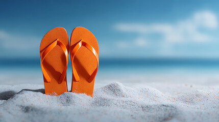 Bright orange flip flops resting on white sand with ocean and sky background beach