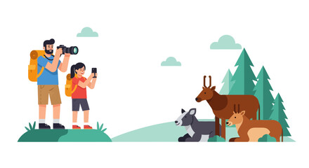 Naklejka premium Family Capturing Wildlife With Cameras And Enjoying A Beautiful Nature Scene