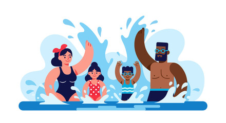 Naklejka premium Family Summer Fun: Cheerful Illustration Of People Playing In The Water On A Black Background
