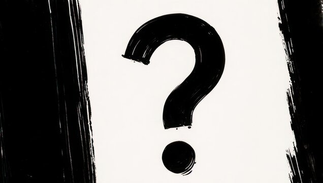 Hand-drawn question mark on a textured white background with black borders.