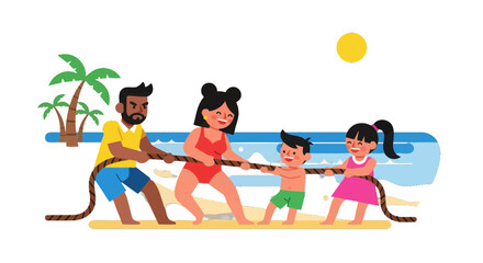 Family Tug Of War Beach Fun Under The Sun Simple Vector Illustration Concept