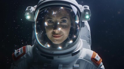 A woman astronaut in a white spacesuit smiles, with stars reflecting in her helmet visor, against a dark starry background. - Powered by Adobe