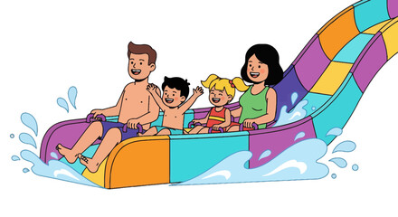 Family Fun Day At Water Park Sliding Down Water Slide Smiling and Happy