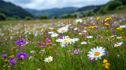 Field of vibrant wildflowers with rolling hills and cloudy sky meadow daisies