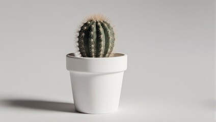 Small cactus in a white pot against a plain background.