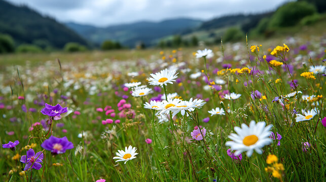 Field of vibrant wildflowers with rolling hills and cloudy sky meadow daisies - Powered by Adobe