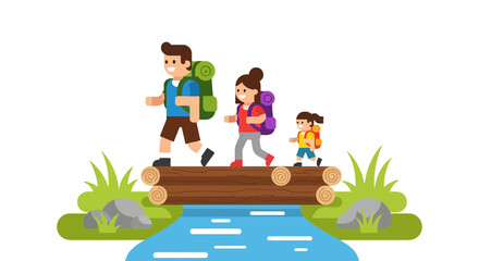 Family Hiking Across A Bridge Over A River Amidst Lush Greenery, Fun