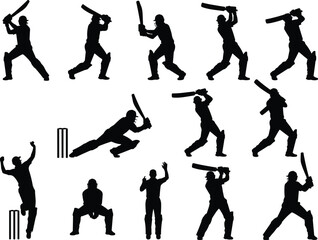 Cricket player silhouettes performing batting bowling fielding actions, sports collection showing dynamic movement, athletic poses and professional cricket match activities