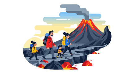 Family Hiking Adventure Near Active Volcano Under A Dynamic and Artistic Sky