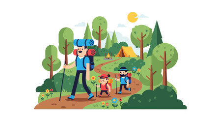 Family Hiking Adventure Through Lush Forest Towards Their Outdoor Camping Experience