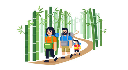 Family Hiking Adventure Through Lush Bamboo Forest Enjoying Weekend Exploring Nature