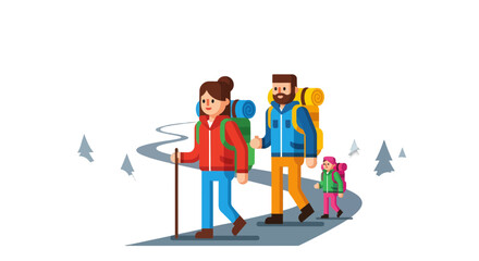 Family Hiking On Mountain Trail With Backpacks And Sticking In The Forest Environment