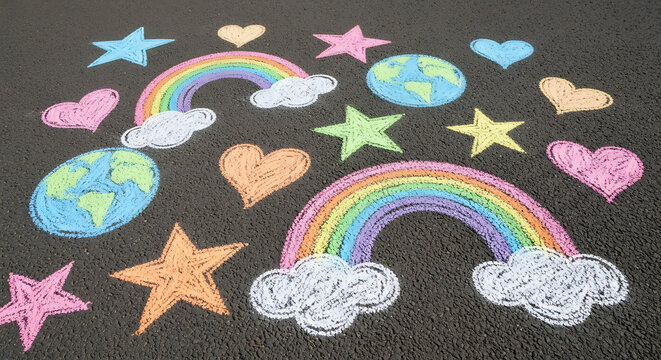 colorful chalk doodles of rainbow earth heart star on a grey surface for kids world children's day