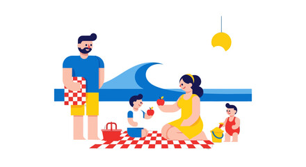 Family Picnic By The Seashore: A Vector Illustration Depicting Summer Fun