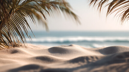 Sandy beach dunes with palm fronds and ocean waves image