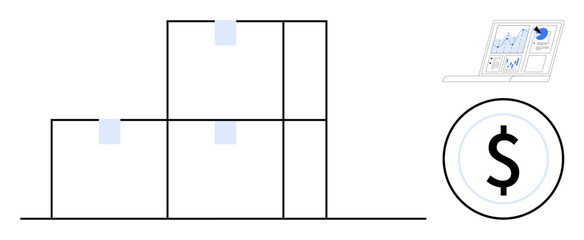 Stacked warehouse boxes, a laptop displaying financial charts, and a dollar sign representing logistics, finances, and operations. Ideal for business, analysis, management, investment supply chain