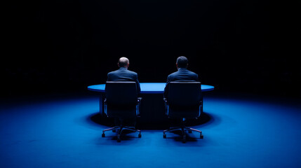 Two business leaders sitting at round table in dark room, facing away, under dramatic blue lighting, creating tense and silent atmosphere