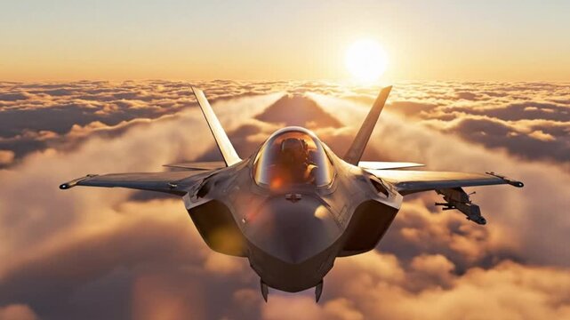 Head-on view of F-35 Lightning II jet soaring through misty golden clouds at sunrise, warm cinematic lighting, soft vapor trails