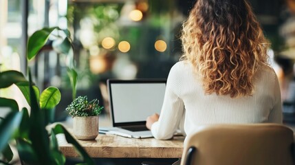 A woman with curly hair working on a laptop in a cozy cafe with green plants and warm lighting.