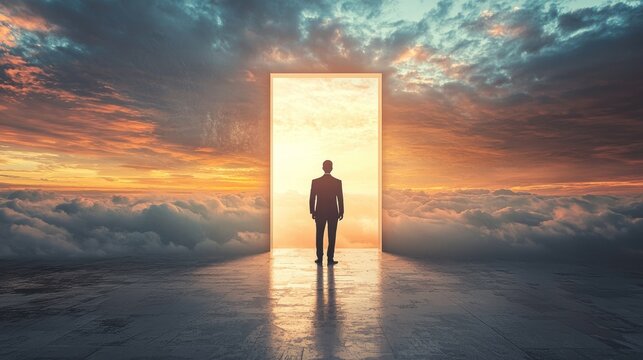 A man in a suit standing in front of a large open door with a sunset sky in the background.