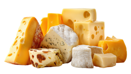 The image shows a variety of cheeses arranged in a pile. There are different types, shapes, and colors of cheese, including soft, hard, and semi-hard varieties. Some pieces have holes, some have a smo