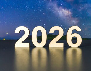 wooden 2026 digits standing outdoors with starry sky backdrop and soft night reflection creating dreamy atmosphere
