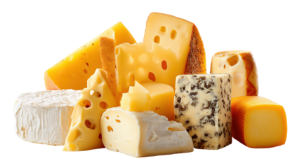 The image shows a variety of cheeses arranged in a pile. There are different types, shapes, and colors of cheese, including soft, hard, and semi-hard varieties. Some pieces have holes, some have a smo