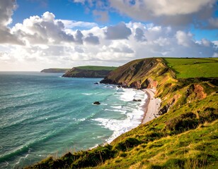Coastal scene with rolling green hills, cliffs, a pebbled beach, and ocean waves under a cloudy sky