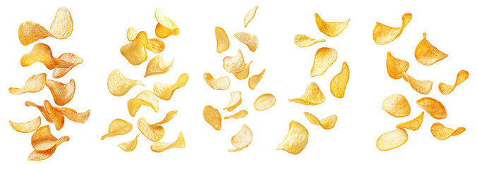 A collection of potato chips flying against a white background.