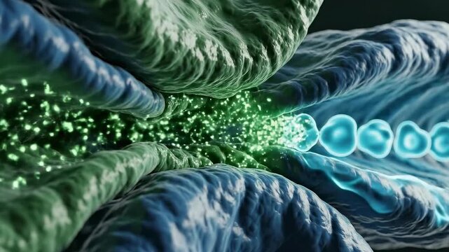 Futuristic Abstract Cellular Landscape with Glowing DNA Like Structures.