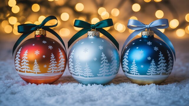 Festive holiday ornaments gleam with winter scenes and bokeh lights