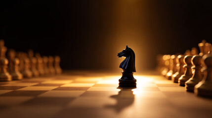 Chess knight glowing dramatic lighting wooden chessboard strategy competition focus game black piece anticipation slow zoom intense classic intellectual tournament challenge concentration planning