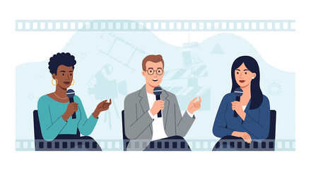 A flat design vector illustration depicting a panel of diverse independent filmmakers discussing their craft and experiences at a film festival. 