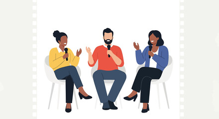 A flat design vector illustration depicting a panel of diverse independent filmmakers discussing their craft and experiences at a film festival. 