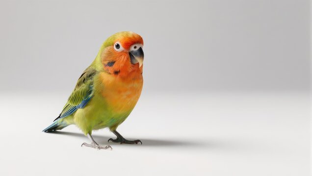 A beautiful colorful Fischers lovebird parrot posing on a white studio background.
