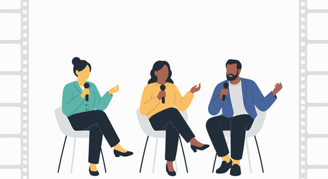 A flat design vector illustration depicting a panel of diverse independent filmmakers discussing their craft and experiences at a film festival. 