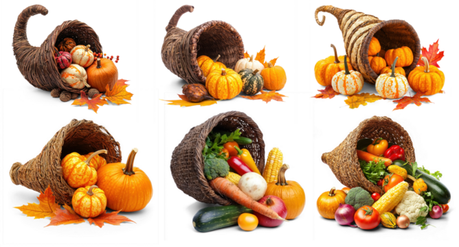 A cornucopia filled with pumpkins, gourds, and vegetables, with autumn leaves and a white background.