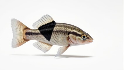 Obraz premium Close-up of a small freshwater fish with distinctive black and white markings swimming gracefully.