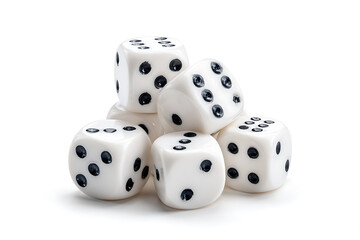 Pile of white dice with black dots scattered, symbolizing chance, luck, and games of fortune for casino or board game concepts