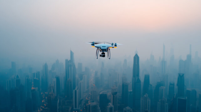 Drone city skyline aerial technology urban flying futuristic misty sunrise photography innovation modern quadcopter high rise architecture landscape remote exploration cinematic sky building foggy - Powered by Adobe