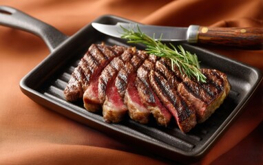 Juicy Sliced Steak on Cast Iron Pan with Rosemary and Knife Gourmet Food Photography for Culinary Delight and Dining Experience