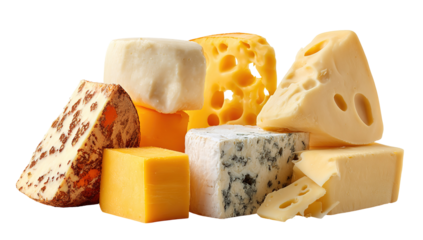 The image shows a variety of cheeses arranged in a pile. There are different types, shapes, and colors of cheese, including soft, hard, and semi-hard varieties. Some pieces have holes, some have a smo