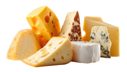 The image shows a variety of cheeses arranged in a pile. There are different types, shapes, and colors of cheese, including soft, hard, and semi-hard varieties. Some pieces have holes, some have a smo