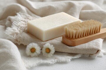 Spa Essentials - Soap, Brush, and Flowers on Soft Fabric.